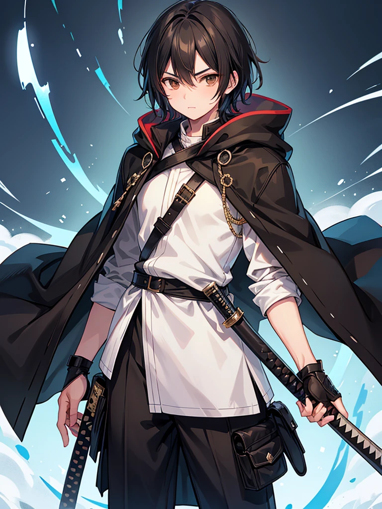 masculine age boy, medium length black hair, brown eyes, black cloak, holding sheathed katana