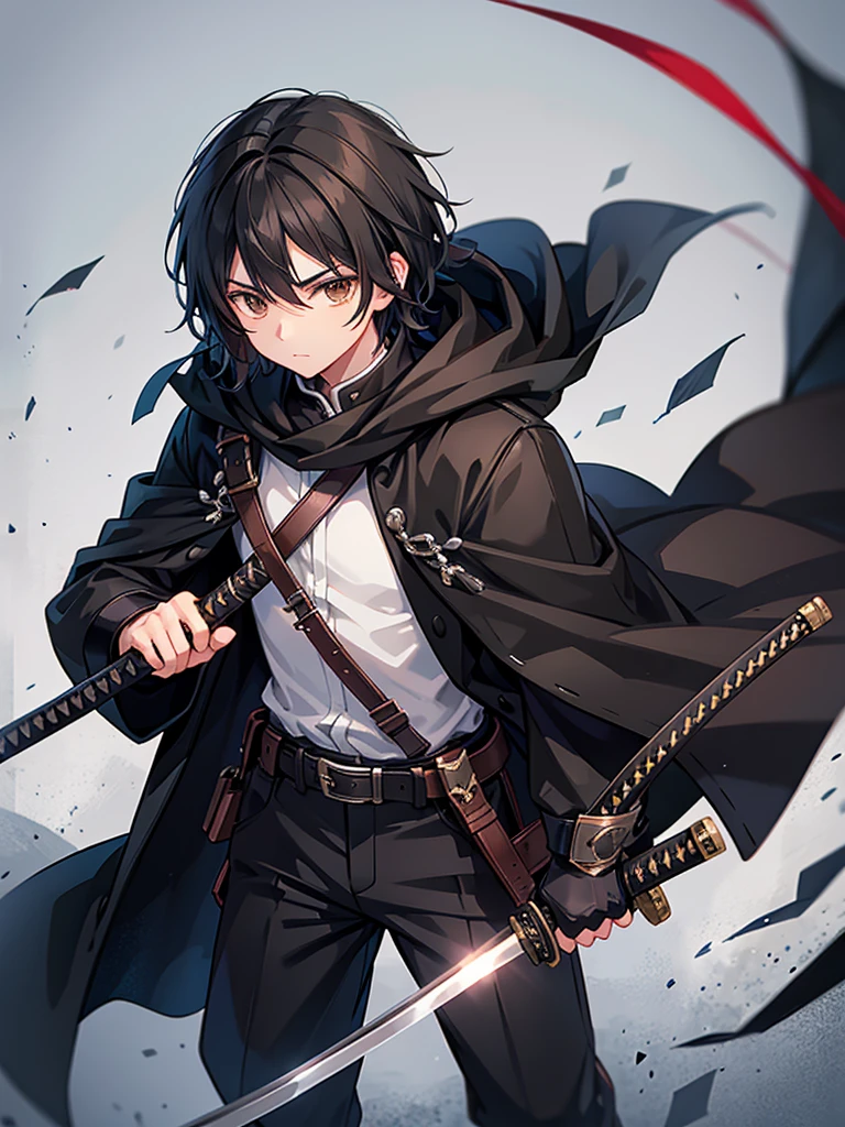 masculine teenage boy, medium length black hair, brown eyes, black cloak, holding sheathed katana