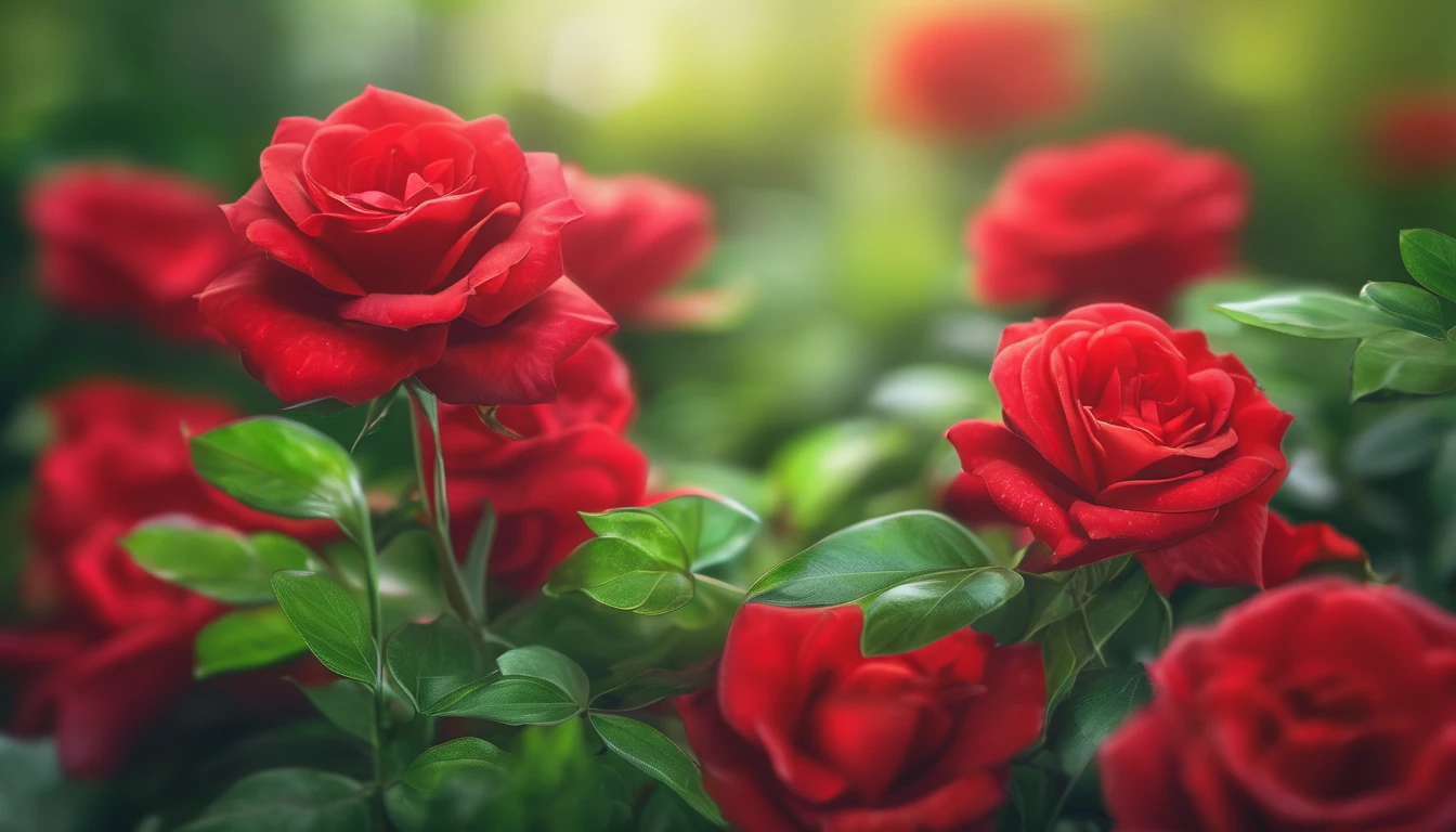 Close-up of vivid red roses centered in the frame, soft focus on surrounding lush green foliage, defocused background creating a bokeh effect, nature's palette in full display, natural light, ultra fine details, digital painting