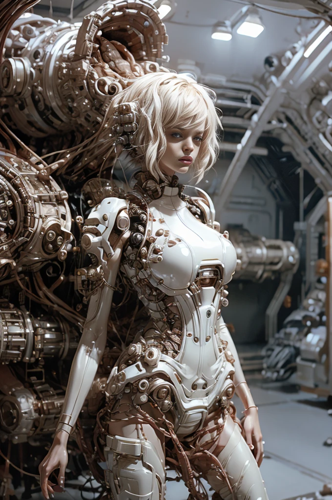 A full-length figure of a cool girl wearing a detailed mechanical armored suit. Exposed wiring, lots of cords and tubes connecting to the system. nsfw, bdsm