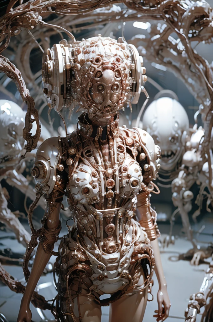 A full-length figure of a cool girl wearing a detailed mechanical armored suit. Exposed wiring, lots of cords and tubes connecting to the system. nsfw, bdsm