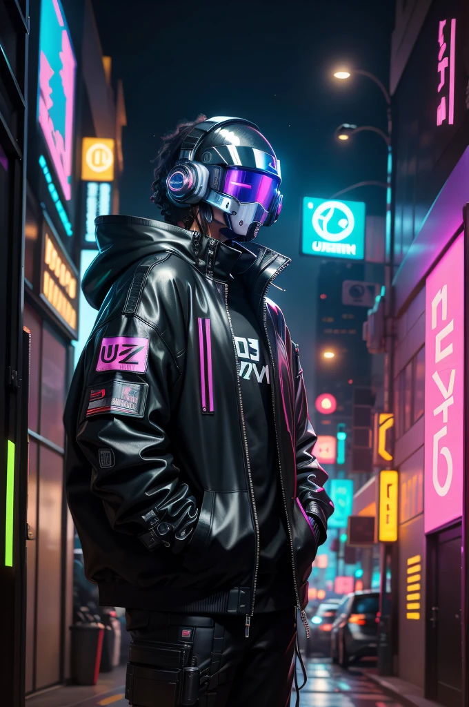 Cyberpunk citizen in Oversize techwear, wearing a black daftpunk astro style helmet, neon light details, futurist, city cyberpunk, street neon lights.