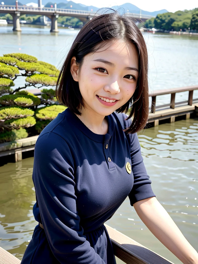 Smiling Asian woman with Kyoto river in the background