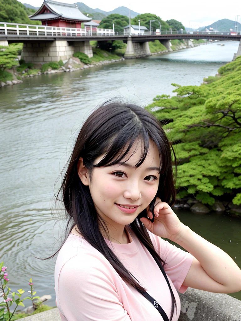 Smiling Asian woman with Kyoto river in the background