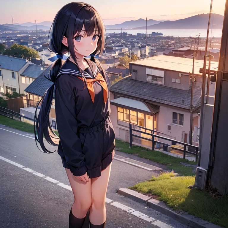 best quality, detailed, masterpiece, 1 girl, standing, gentle smile, 15yo, (low twintails:1.4), low pigtails, black hair, long hair, (navy blue sailor suit with blue ribbon:1.2), long sleeves, (dark brown eyes), (school bag), from the front, from few above, POV, alone, (steep downhill), long hill straight road to the back, electric pole, electric cable, hill city, housing, cityscape, sea in the distance, nice view, 15 o'clock, orange sky, animation