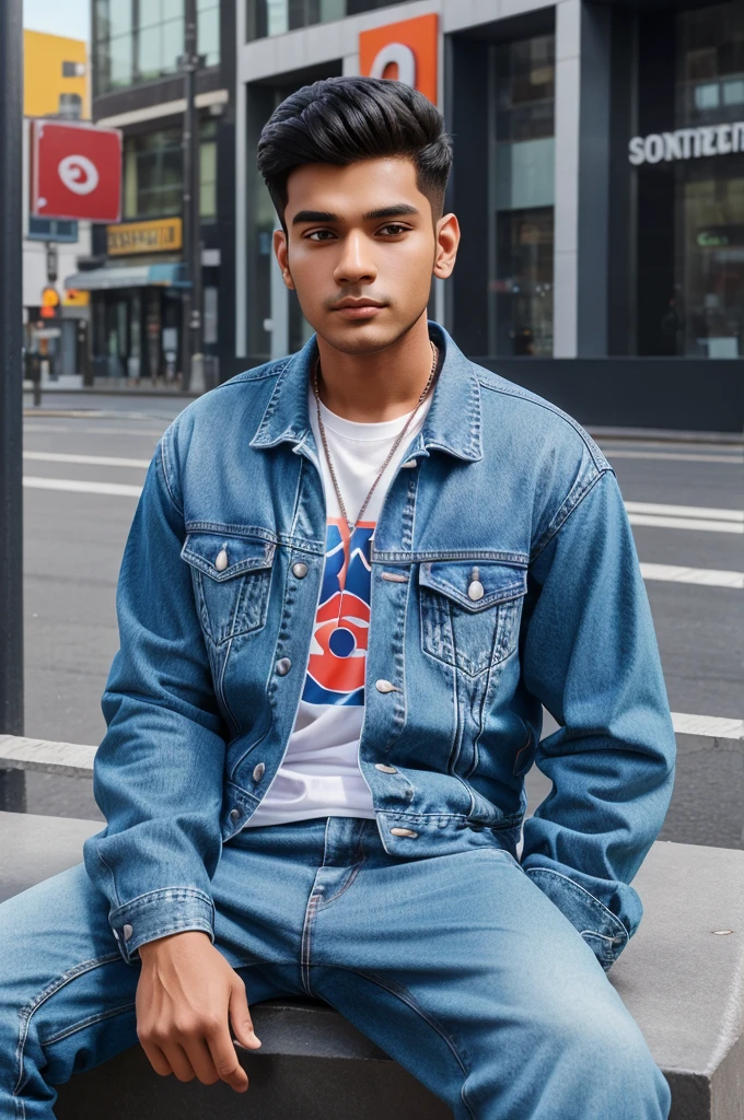 Create a 3D illustration of an animated character sitting causally on top of a social media logo ''socialmedia''. The character must wear casual modern clothing such as jeans jacket and sneakers shoes. The background of image is a social media profile page with a user name "suraj"and a profile picture that match...