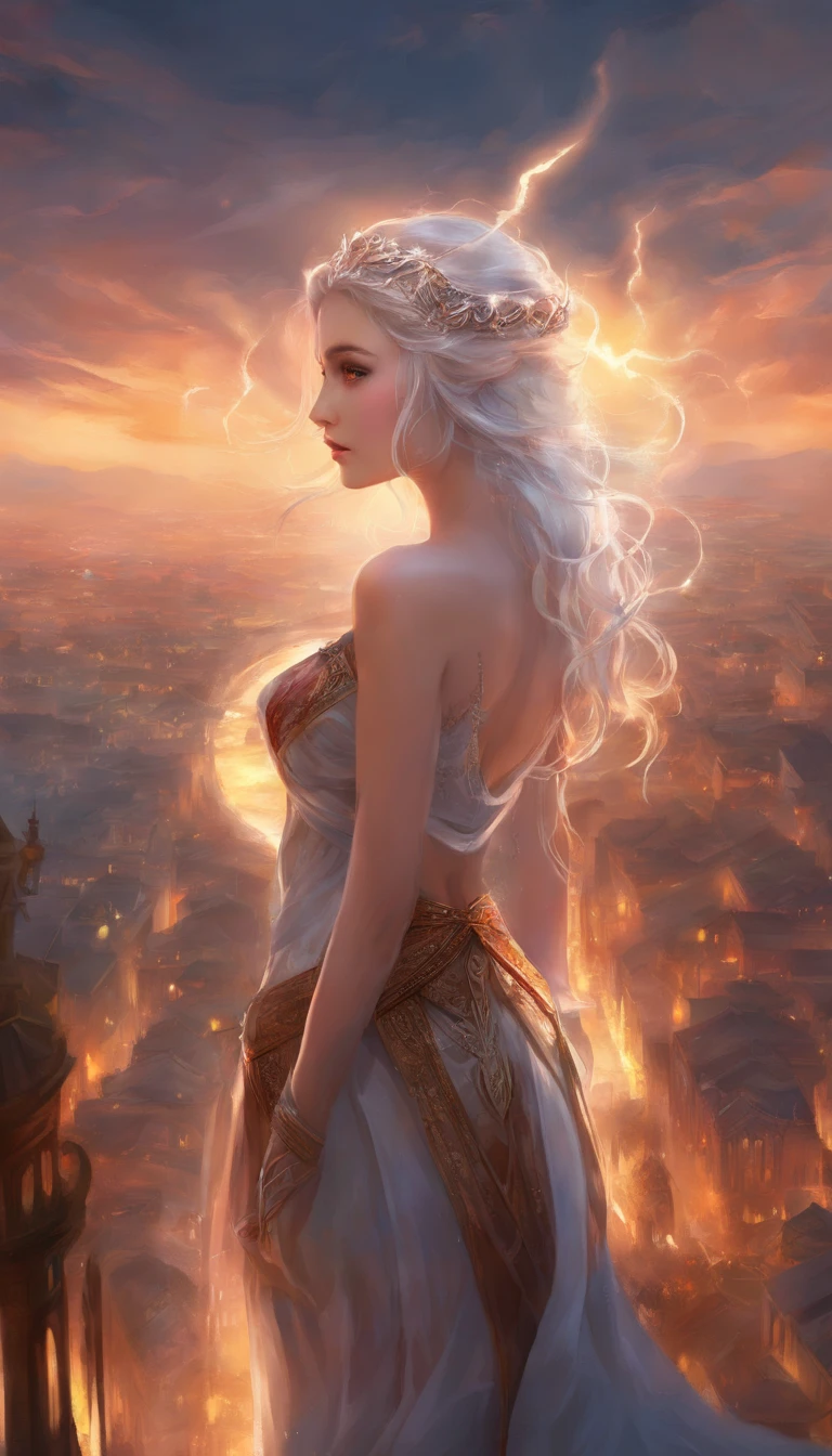 Masterpiece, Best quality, Extremely detailed, Cinematic lightning, intricately details, A high resolution, offcial art, finely detailed beautiful face and eyes, high-resolution illustrations, 8K, Depth of field, Bokeh, Solo, 1girll, A girl with white hair and red eyes, Long brown hair, beautiful brown eye, Beautiful landscape, rainy city, Upper body, view the viewer, Close up
