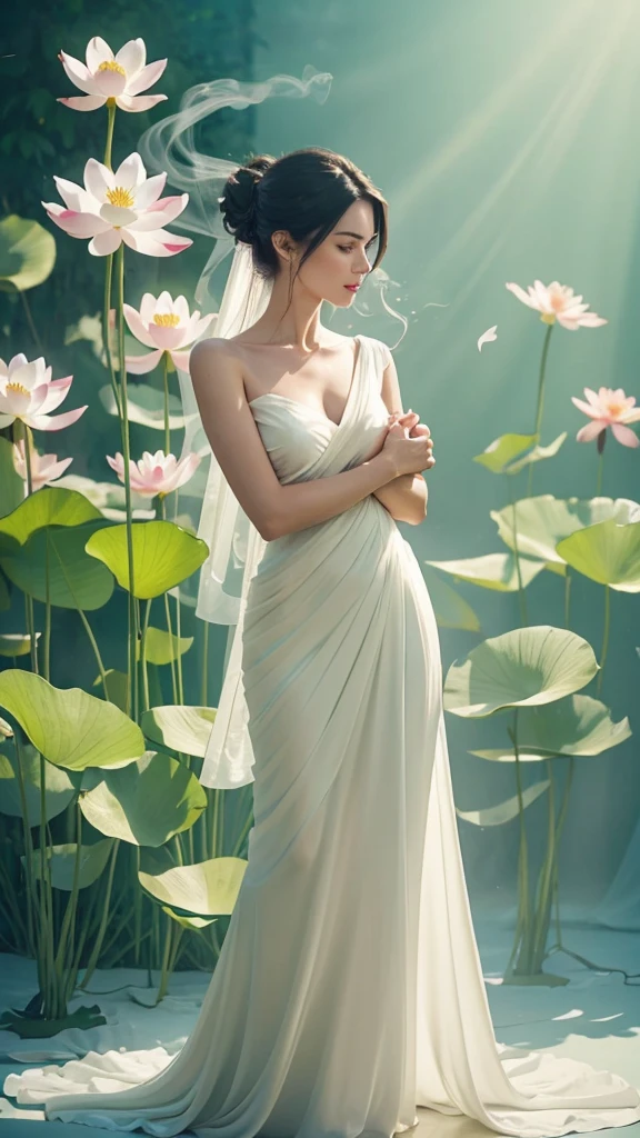 Megan fox, Light green and light white tone,full body, simple white background, nature lighting, lighting effect, minimalist, elegant, pure gentle, soft light, photorealistic. a women (collarbone, shoulders) posing (praying and standing) with The hyper-giant lotus with huge and long petals (petal made of a thin and soft tulle fabric, flowy petals fully background, floating petals, hyper-flying petals, smoke effect mix with petal), lotus dress.