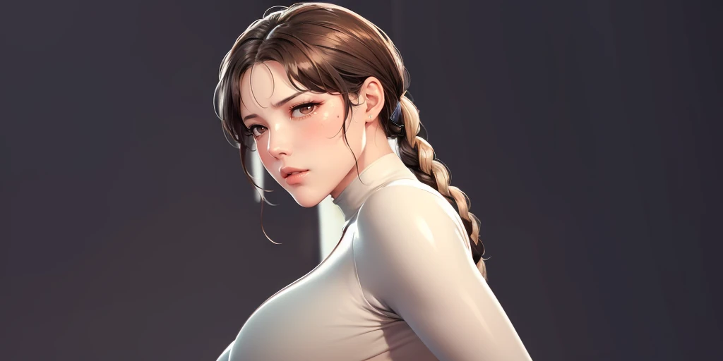 (（（Perfect body,White and tender skin,（（（Black yujiasuit, yoga pants, yoga long sleeves）））,（（（brown eyes, braid, long hair, braided ponytail, single braid, hair over shoulder, bangs, blush, lips）））,((masterpiece)),highres,((Best quality at best)),masterpiece,quality,Best quality,(（（ Exquisite facial features,Looking at the audience,There is light in the eyes,(（（happy，lol））），）））,（（（Light and shadow,Huge breasts,）））,（（（Looking at the camera,White background)））)