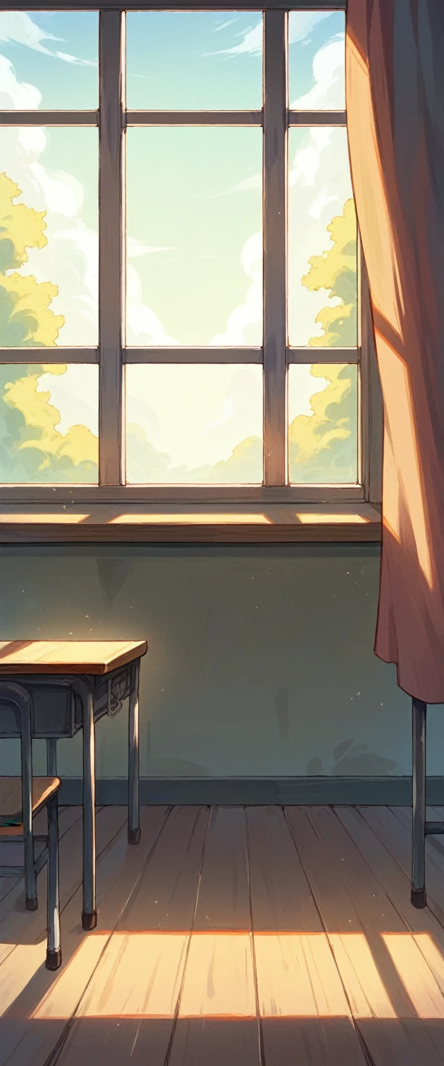Classroom window Beautiful scenery The light shines An empty classroom Sun seen from the window