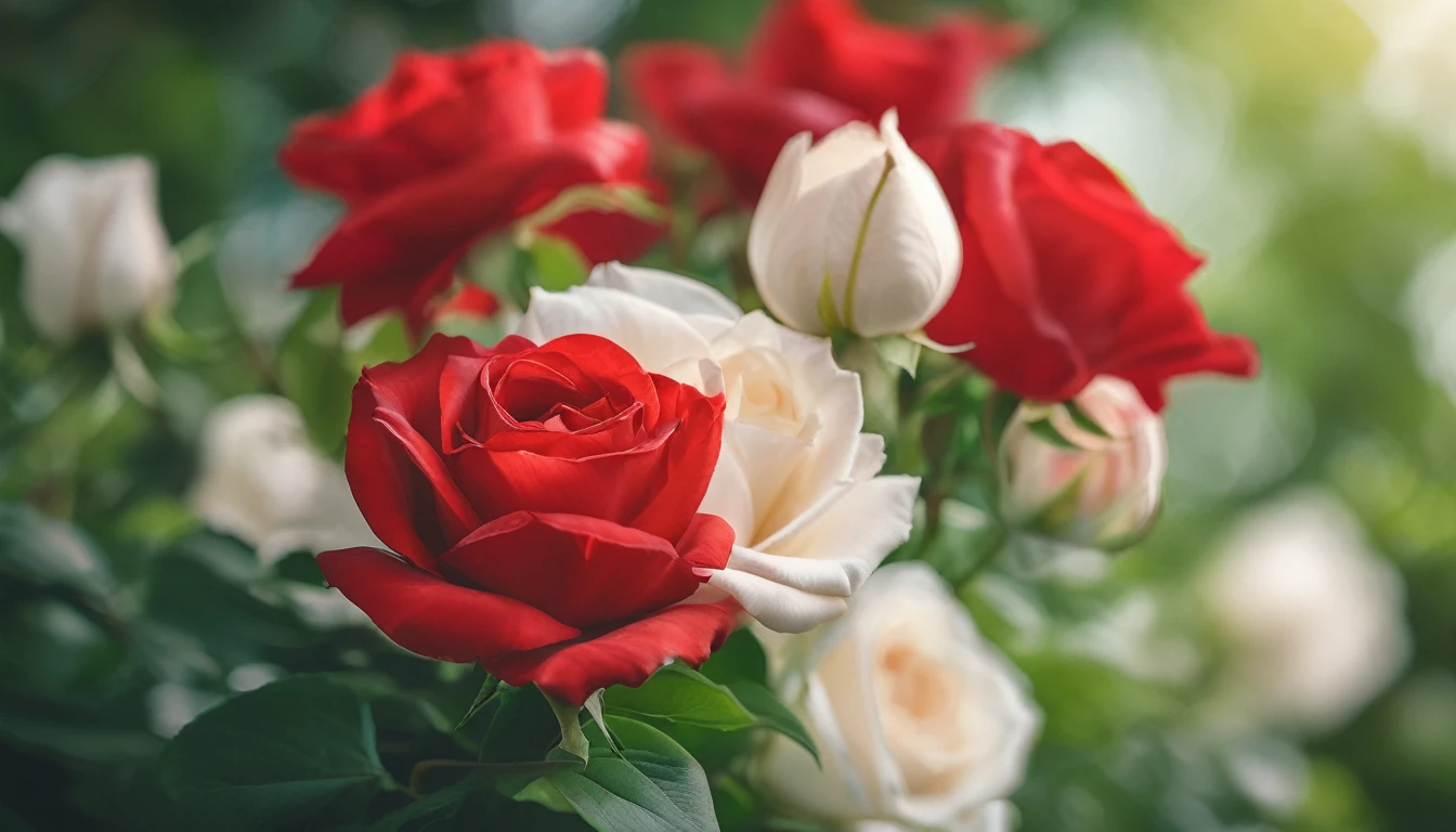 Close-up of vivid red and white roses centered in the frame, soft focus on surrounding lush green foliage, defocused background creating a bokeh effect, nature's palette in full display, natural light, ultra fine details, digital painting