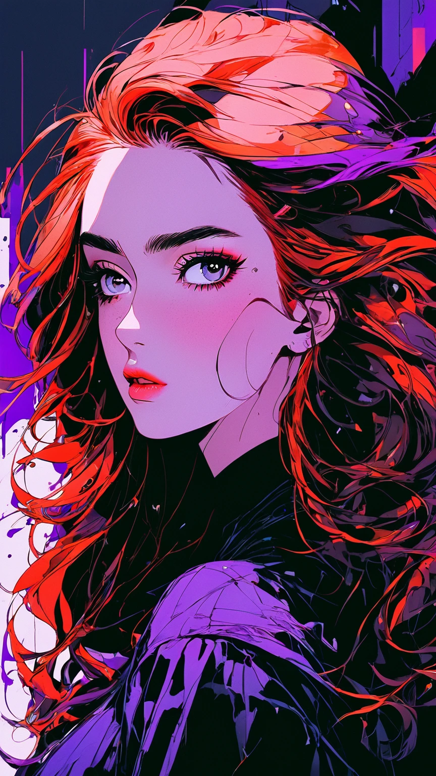 (Highest quality, masterpiece, Perfect Face, beautifully、aesthetic) Dark Illustration、Dark Shot, City Street, Pastel Goth, Sexy Goth Girl, Cute 24-year-old photo.Redhead woman, Cinematic shots, Hard Shadows, Realistic, Cute face, View your viewers, Glitch Face Effect, Shattering Skin Effect, Colorful costumes, Witch's purple outfit, Glitch background effect