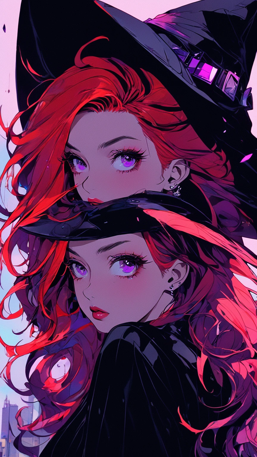 (Highest quality, masterpiece, Perfect Face, beautifully、aesthetic) Dark Illustration、Dark Shot, City Street, Pastel Goth, Sexy Goth Girl, Cute 24-year-old photo.Redhead woman, Cinematic shots, Hard Shadows, Realistic, Cute face, View your viewers, Glitch Face Effect, Shattering Skin Effect, Colorful costumes, Witch's purple outfit, Glitch background effect