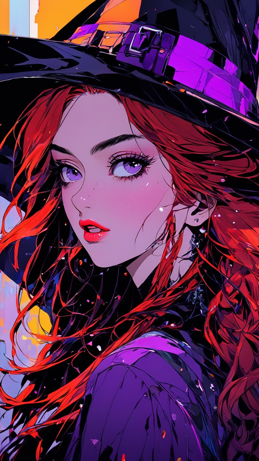 (Highest quality, masterpiece, Perfect Face, beautifully、aesthetic) Dark Illustration、Dark Shot, City Street, Pastel Goth, Sexy Goth Girl, Cute 24-year-old photo.Redhead woman, Cinematic shots, Hard Shadows, Realistic, Cute face, View your viewers, Glitch Face Effect, Shattering Skin Effect, Colorful costumes, Witch's purple outfit, Glitch background effect