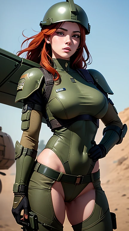 1woman 20 years old, sculpted, israel military, wearing a soldier helmet, beautiful, perfect body, realistic, red hair, perfect body, thin waist, full outfit, wide hips, large breasts, slim thighs, jungle background, armored vehicle, flying fighters, military robot dog, camouflaged uniform, wealth of details, tight panties marking on the front, head to toe, highly detailed, high resolution, prefect hands