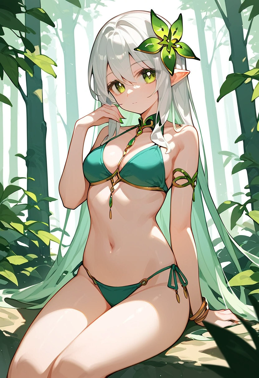 anime artwork, score_9, score_8_up, score_7_up, score_6_up, score_5_up, score_4_up, nahida, style_3, forest background, , , , , _, , sit, , solo, bikini, , fingers frame