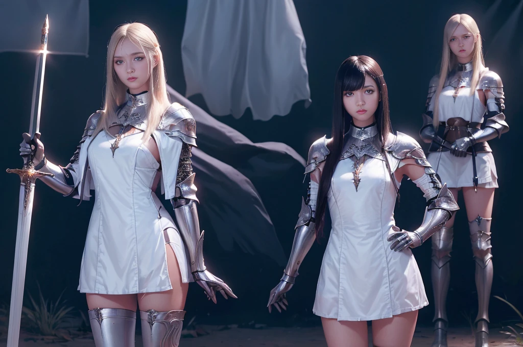 Top quality, masterpiece, very high resolution, (photorealistic: 1.4), Raw photo, 2 girls, long straight blond hair cut in a bob, light blue eyes, (beautiful breasts）、shiny skin、(( (beautiful detailed European faces)))、With a beautiful sword and shield、gorgeous and resplendent luminous girls,（Beautiful silver sexy armor、(((Random straight hair))),(((beautiful legs))), (proportionate breasts ), Seductive look, ((Background of beautiful decaying dungeon ruins)), (Ultimate beauty), (Detailed and realistic beauty face), (Fighting demonic beasts), (Small LED), ((Super realistic details)), portlate, global lighting, Shadow, octane rendering, 8k, ultra-sharp, exposed raw skin in neckline, metals, Intricate ornament details, very intricate details, Lightweight and realistic (Mystical expression), CGSoation trend, bright eyes, Facing the camera), Gundam, Small LED.

