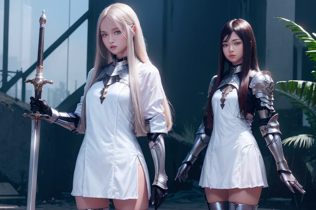 Top quality, masterpiece, very high resolution, (photorealistic: 1.4), Raw photo, 2 girls, long straight blond hair cut in a bob, light blue eyes, (beautiful breasts)、shiny skin、(( (beautiful detailed European faces)))、With a beautiful sword and shield、gorgeous and resplendent luminous girls,(Beautiful silver sexy armor、(((Random straight hair))),(((beautiful legs))), (proportionate breasts ), Seductive look, ((Background of beautiful decaying dungeon ruins)), (Ultimate beauty), (Detailed and realistic beauty face), (Fighting demonic beasts), (Small LED), ((Super realistic details)), portlate, global lighting, Shadow, octane rendering, 8k, ultra-sharp, exposed raw skin in neckline, metals, Intricate ornament details, very intricate details, Lightweight and realistic (Mystical expression), CGSoation trend, bright eyes, Facing the camera), Gundam, Small LED.