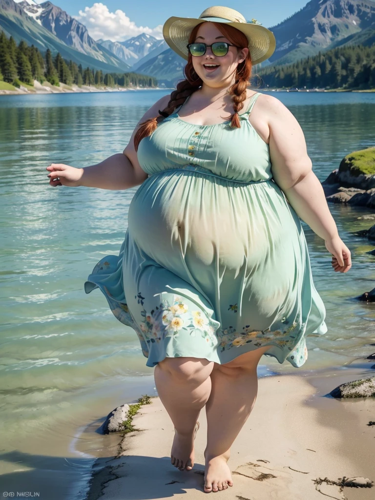 A joyful full body photo of a young happy cute smart redhead bbw with long single-braided hair soft fat belly, cute double-chin, fat soft belly, thick fat wide legs and fat arms, cute pretty face, small breasts, blue eyes, freckles, in a cute long green flowery summer-dress, summer hat,  cute sunglasses, walking barefoot on a lakeside with hills in the background {great lights}