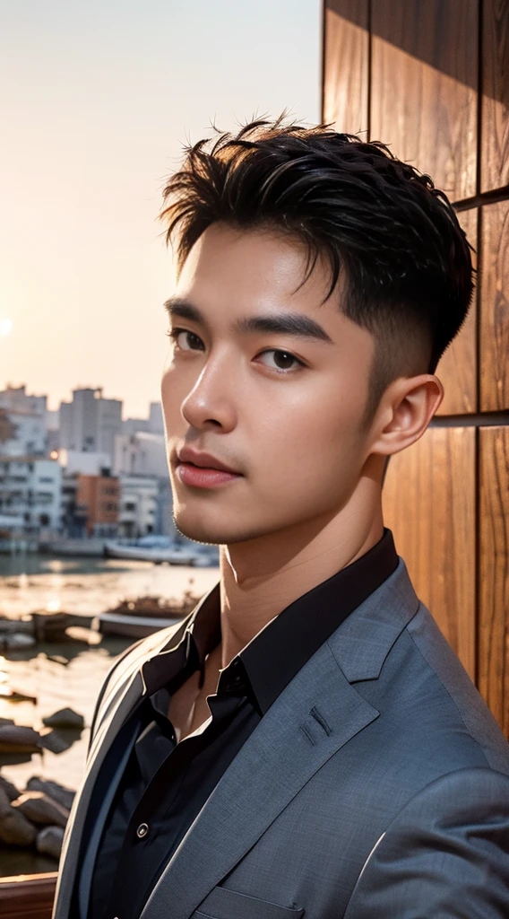 (realistically, Masterpiece, High resolution 8K, good light quality, Portrait, closed on face, complicated details), The most handsome Korean uncle., Beard，Age 40, Staring at desire, detailed face, Detailed eyes, look at the sky, shirt, suit lac suit，tick,黑Eyes, (Pale skin), body standards,brown hair, smooth hair,Big Back， Outdoor activities, evening, sunset,office room, Exaggerated, impersonal