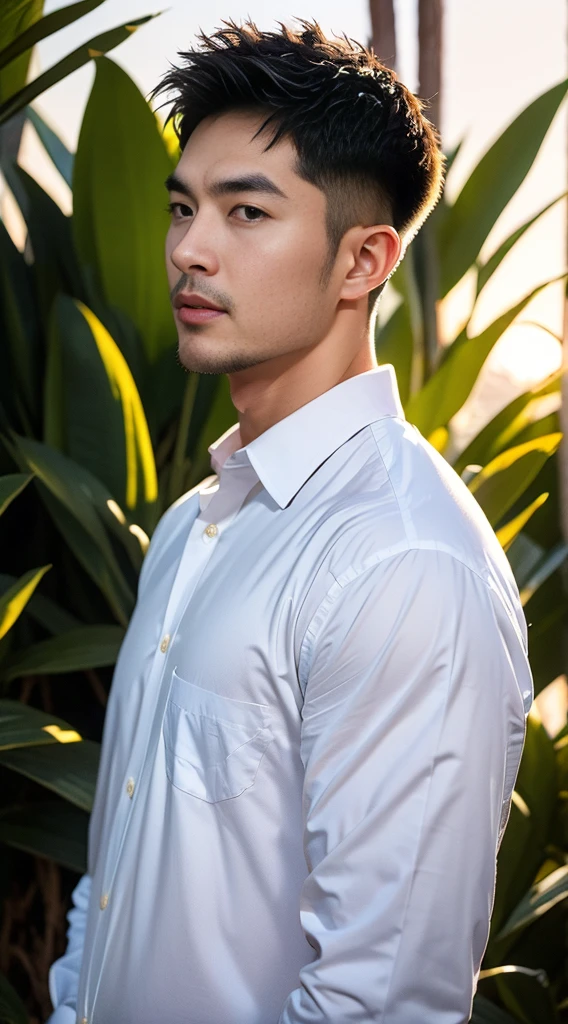 ((Highest quality, 8K, Masterpiece:1.3)),Thailand Laos Burma Asia,Thai man buzz haircut,A handsome Asian sport  short hair,a muscular beard,and big muscles.,１A man who has,yo,Good appearance,Beautiful nose,Detailed eyes and face,beautiful light,(studio),high resolution,(Look at the viewer.),Fine mouth,whole body:1.5,perfect shape:1.3,Picture of both shoulders:1.3,(t-shirt:1.2),black cargo pants,wristband,landscape,(The background is  Bokeh:1.2),on the sea,(fur-trimmed_jacket:1.2),