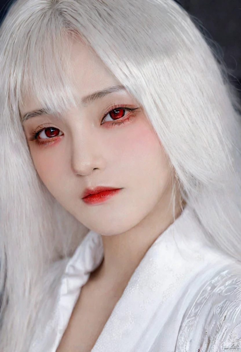 masterpiece , afternoon , close up , beauty , white hair , red eyes , black robe