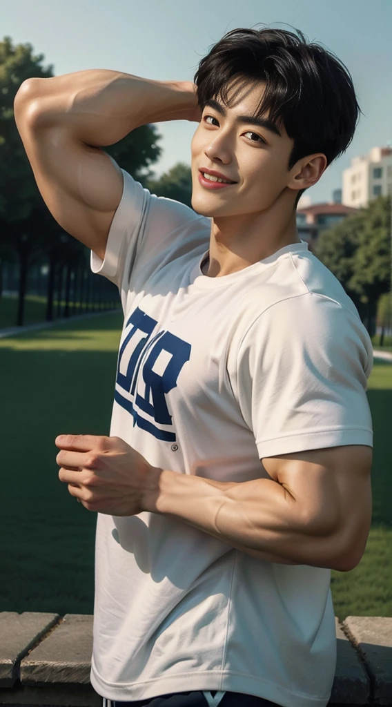 (As a matter of fact, Masterpiece, 8k HD, good light quality, sportswear, fit the face, complicated details), A handsome, muscular young Korean man. , 20 years old, be happy, smile brightly, detailed face, delicate eyes, มองดูsky, Wear casual clothes, period, black eyes, Black hair color, ผมsmooth, smooth, outdoor sports, Along the garden, Sunny,sky，Surreal，Awesome details，Highest quality，real，