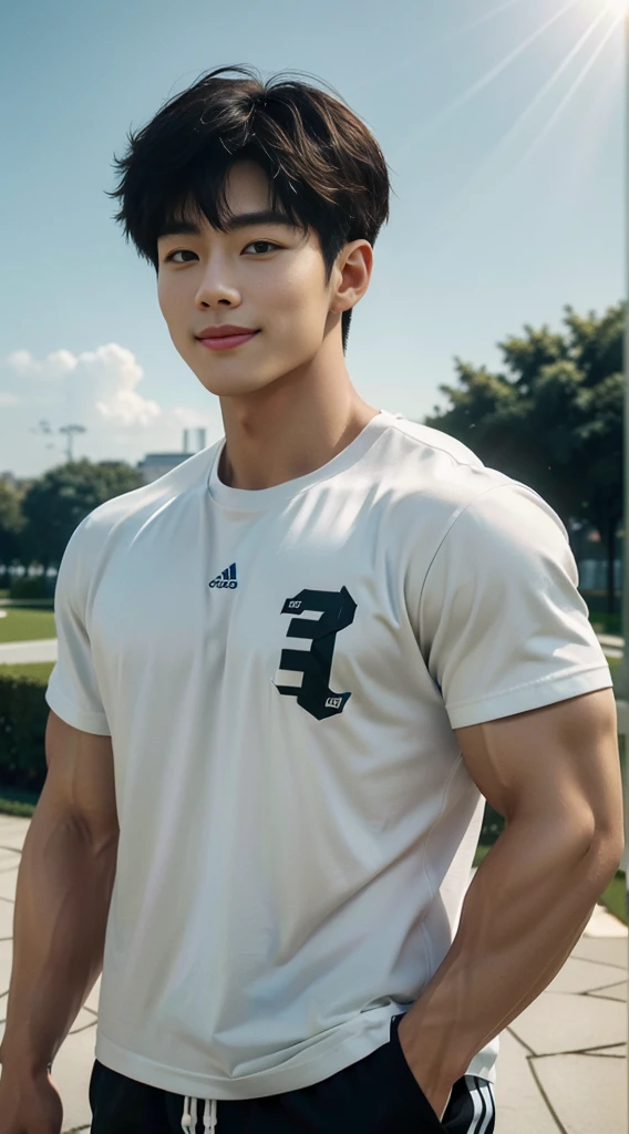 (As a matter of fact, Masterpiece, 8k HD, good light quality, sportswear, fit the face, complicated details), A handsome, muscular young Korean man. , 20 years old, be happy, smile brightly, detailed face, delicate eyes, มองดูsky, Wear casual clothes, period, black eyes, Black hair color, ผมsmooth, smooth, outdoor sports, Along the garden, Sunny,sky，Surreal，Awesome details，Highest quality，real，