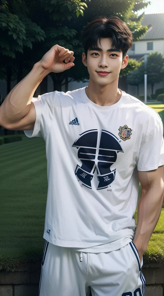 (As a matter of fact, Masterpiece, 8k HD, good light quality, sportswear, fit the face, complicated details), A handsome, muscular young Korean man. , 20 years old, be happy, smile brightly, detailed face, delicate eyes, มองดูsky, Wear casual clothes, period, black eyes, Black hair color, ผมsmooth, smooth, outdoor sports, Along the garden, Sunny,sky,Surreal,Awesome details,Highest quality,real,