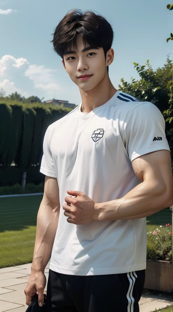 (As a matter of fact, Masterpiece, 8k HD, good light quality, sportswear, fit the face, complicated details), A handsome, muscular young Korean man. , 20 years old, be happy, smile brightly, detailed face, delicate eyes, มองดูsky, Wear casual clothes, period, black eyes, Black hair color, ผมsmooth, smooth, outdoor sports, Along the garden, Sunny,sky,Surreal,Awesome details,Highest quality,real,