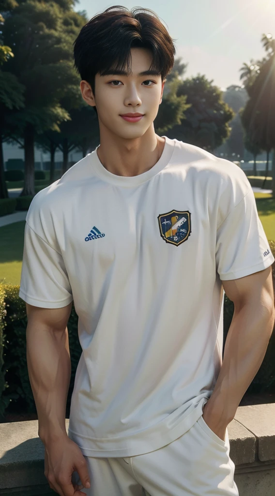 (As a matter of fact, Masterpiece, 8k HD, good light quality, sportswear, fit the face, complicated details), A handsome, muscular young Korean man. , 20 years old, be happy, smile brightly, detailed face, delicate eyes, มองดูsky, Wear casual clothes, period, black eyes, Black hair color, ผมsmooth, smooth, outdoor sports, Along the garden, Sunny,sky，Surreal，Awesome details，Highest quality，real，