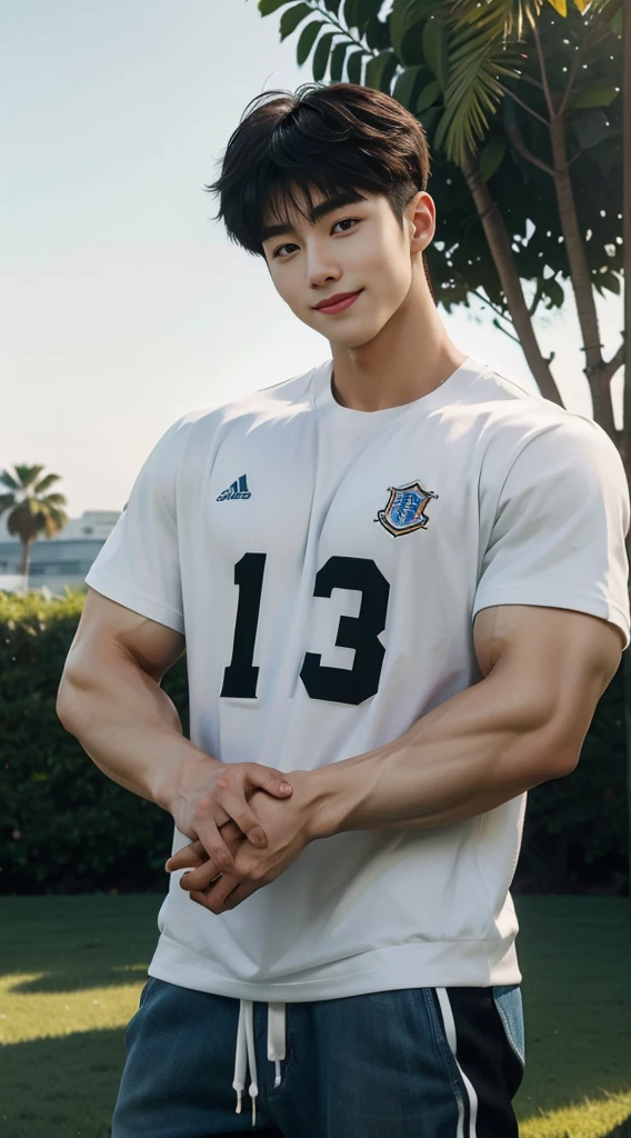 (As a matter of fact, Masterpiece, 8k HD, good light quality, sportswear, fit the face, complicated details), A handsome, muscular young Korean man. , 20 years old, be happy, smile brightly, detailed face, delicate eyes, มองดูsky, Wear casual clothes, period, black eyes, Black hair color, ผมsmooth, smooth, outdoor sports, Along the garden, Sunny,sky，Surreal，Awesome details，Highest quality，real，