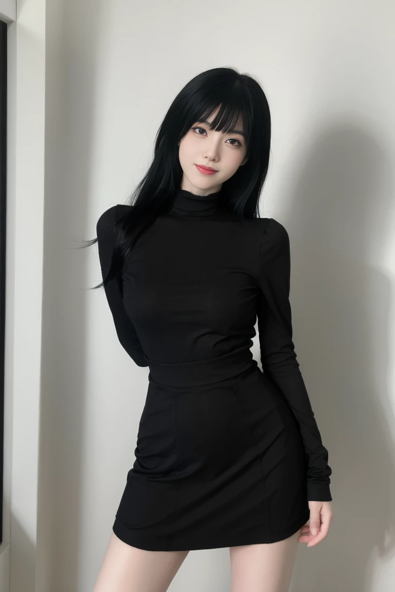 best quality, tmasterpiece,Ultra-high resolution,Clear face,(Reality:1.4),ferpect lighting,(upper body sho), (photorealistic:1.50), anime wallpaper, Guviz style artwork, cover-up fantasy up to magic , by Yang J, Guviz, beautiful artwork illustration, beautiful digital artwork, beautiful digital illustration, Li Song, beautiful anime portrait, art style in Beauvot, 1girl, 独奏, long hair, black hair, bangs, dress, (black dress:1.3), Sleeveless, bare arms, Sleeveless, Bare shoulders, indoor, room, Curtain background, standing, (super Giant breasts:1.3), (shagging breasts:1.3),(looking at viwer:1.3),