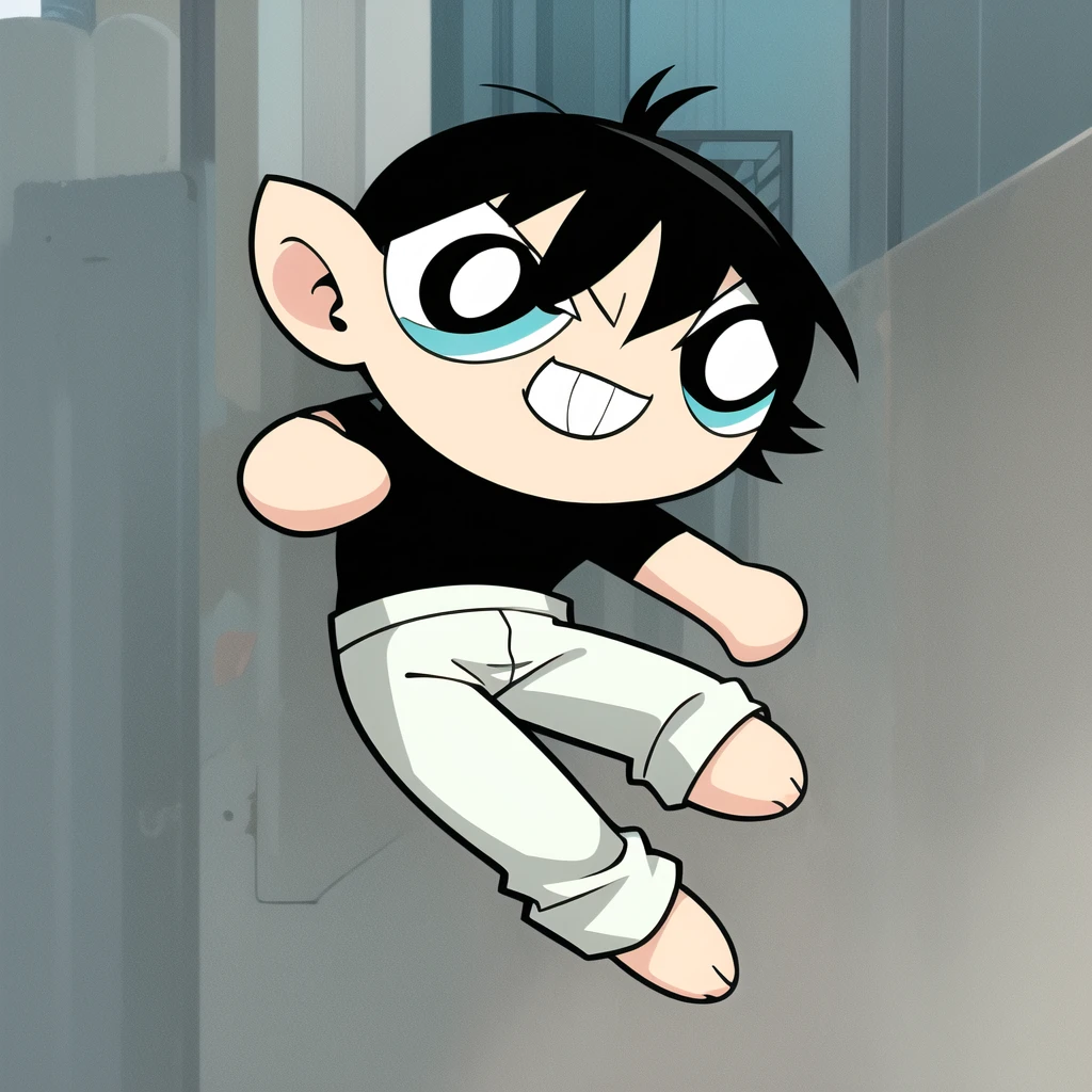 fushiguro toji, muscular male, black shirt, short sleeves, pants, cute smile, full body, chibi, black hair, background, (((Solo)))