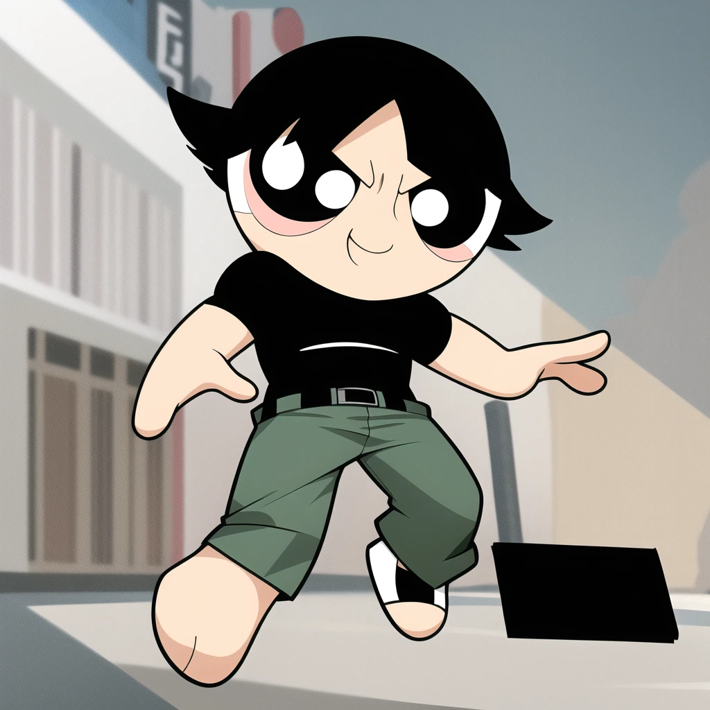 fushiguro toji, muscular male, black shirt, short sleeves, pants, cute smile, full body, chibi, black hair, background, (((Solo)))