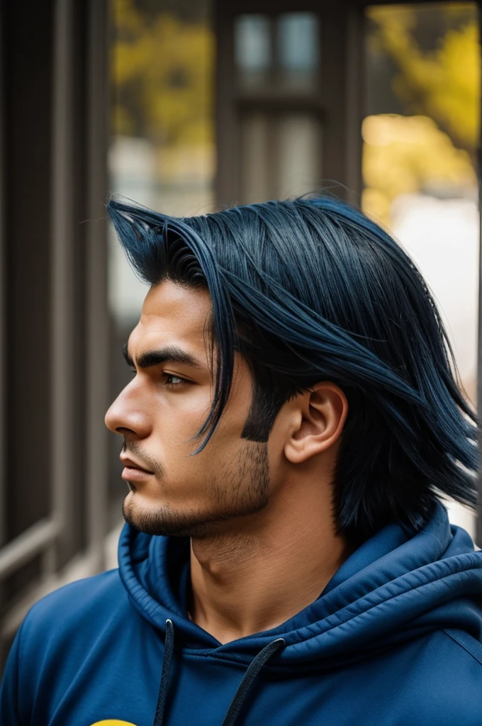 Man, Mullet hairstyle,dark blue hair color,dark blue hoodie,pikachu design,side view, detailed,visible jawline