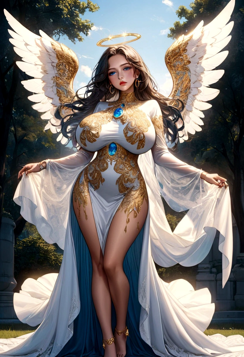 beautiful busty Angel, Wearing luxury dresses with intricate embroidery with golden threads that covers the whole body, luxury gowns with intricate embroidery with various colored threads, Floating in the air, angel wings, (angel ring:1.3), outdoor, detailed face, detailed eyes, detailed lips, detailed nose, detailed foot, full body shot, giga_busty