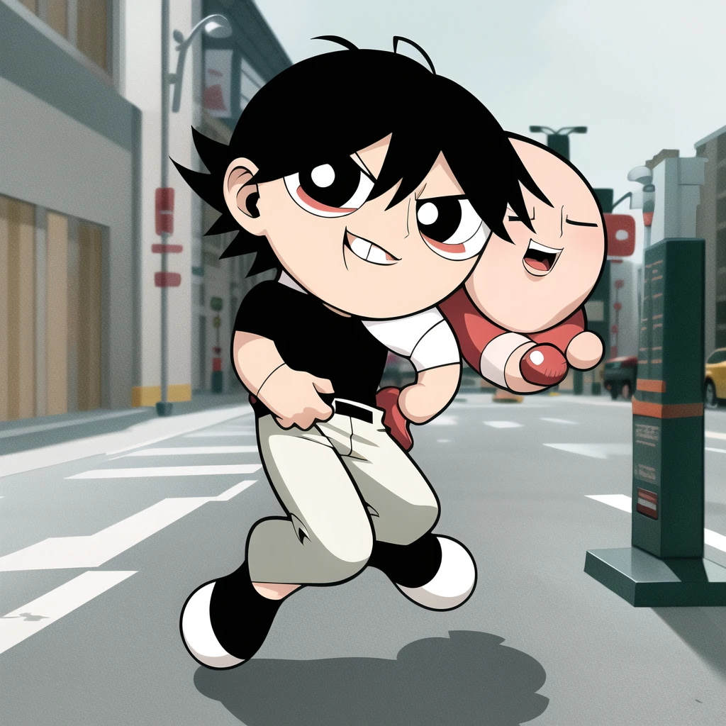 fushiguro toji, muscular male, black shirt, short sleeves, pants, cute smile, full body, chibi, black hair, background, (((Solo)))