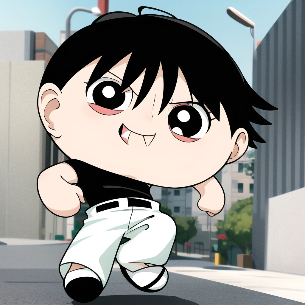 ushiguro toji, muscular male, black shirt, short sleeves, pants, cute smile, full body, chibi, black hair, rubbish bin background, (((Solo)))