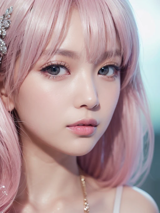 (In 8K, Highest quality, Tabletop, Ultra-high resolution, High quality face:1.5), (Rich in details), Looking into the camera, (Virtual YouTuber:1.3),(Photorealistic:1.4) (Close-up:1.6), 1 beautiful girl, White skin, (とてもWhite skin, Glittering Skin:1.4), Pin Spot Light, (Beautiful round eyes, Droopy eyes, Light in your eyes), Shiny, Bright straight hair, ice pink hair, hair longer than butt, Thin Hair, Idol, Duck mouth, Soft, de luz, cute, refreshing, 輝くde luz拡散反射, ((Pink Diamond Light)), (Japanese),Dreamy, Different space