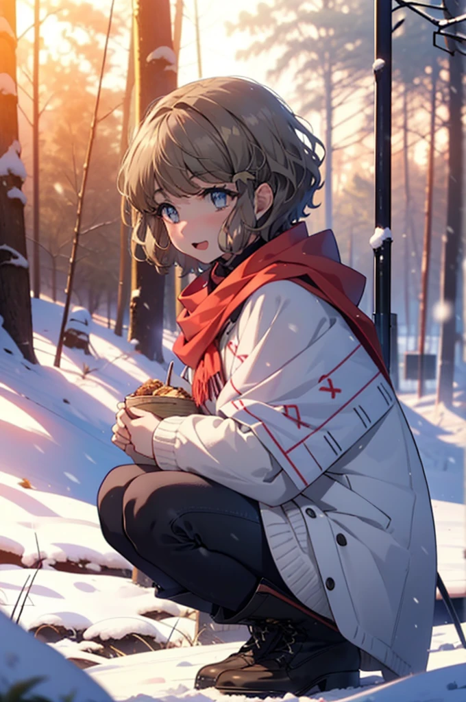 tomoekoga, Chie Koga, short hair, Brown Hair, blue eyes, hair band,smile,blush,White Breath,Medium Chest,
Open your mouth,snow,Ground bonfire, Outdoor, boots, snowing, From the side, wood, suitcase, Cape, Blurred, having meal, forest, White handbag, nature, Squat, Mouth closed, Cape, winter, Written boundary depth, Black shoes, red Cape break looking at viewer, Upper Body, whole body, break Outdoor, forest, nature, break (masterpiece:1.2), Highest quality, High resolution, unity 8k wallpaper, (shape:0.8), (Beautiful and beautiful eyes:1.6), Highly detailed face, Perfect lighting, Highly detailed CG, (Perfect hands, Perfect Anatomy),