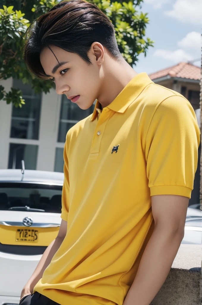 A young man in a yellow polo shirt stood on the side of the road with a serious expression., looking into the distance Turn your head slightly.,Cloudy day, coffee shop