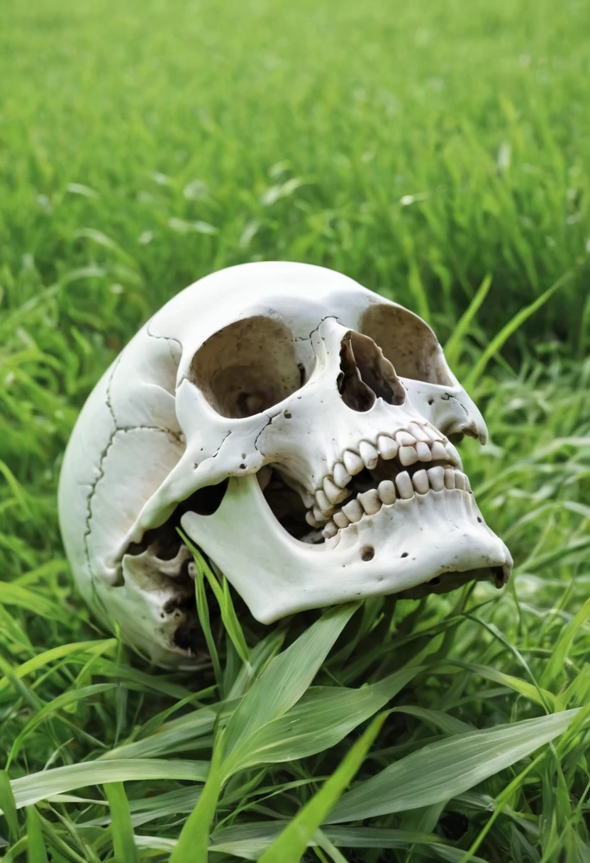 Close-up of a skull lying on the grass in a field, skull protruding from face, human skull, Skullhead, The skull lies below, human skulls on ground, Skull on the ground, Death Skull, white skeleton face, The man's head is a skull, There is a skull on the table, Alien Creature Skull