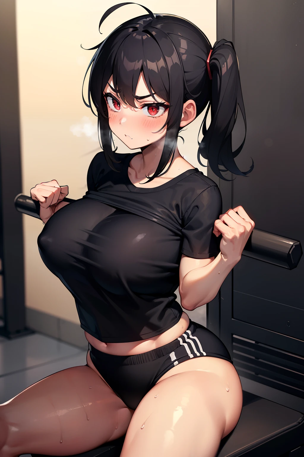 masterpiece), gym, in gym, best quality, expressive eyes, perfect face, Best quality, black hair, side ponytail, sweating, sweaty, big , gym, pouting , black gym outfit, dark school outfit , red eyes, curvy women, short woman, tan skin,pouting, angry, anoyed, in gym , black shirt, black shorts,cute,sitting on exerciseachine, exercise machines, exercise machines, sitting on exercise machines , lifting, lifting weights, humongous breasts, sweating