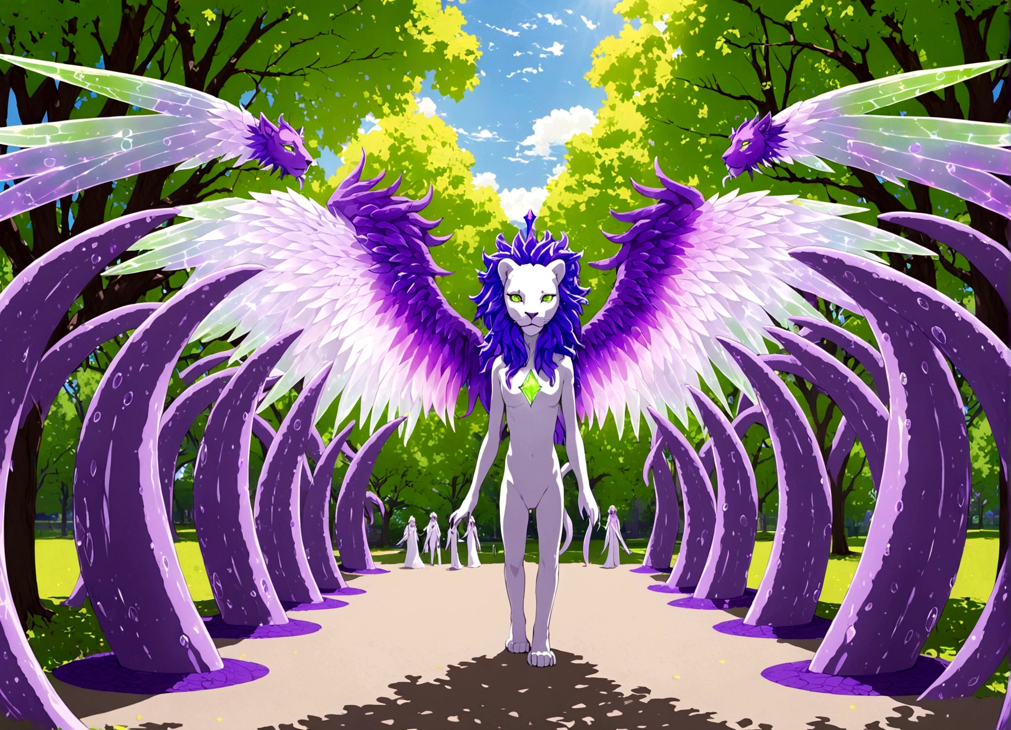 A eldritch angel (central body of a violet lion, 6 pairs of radiant crystal wings, numerous white tentacle eyestalks with neon green eyes) has appeared in a holy corona and approaching the viewer set in a park in daytime
