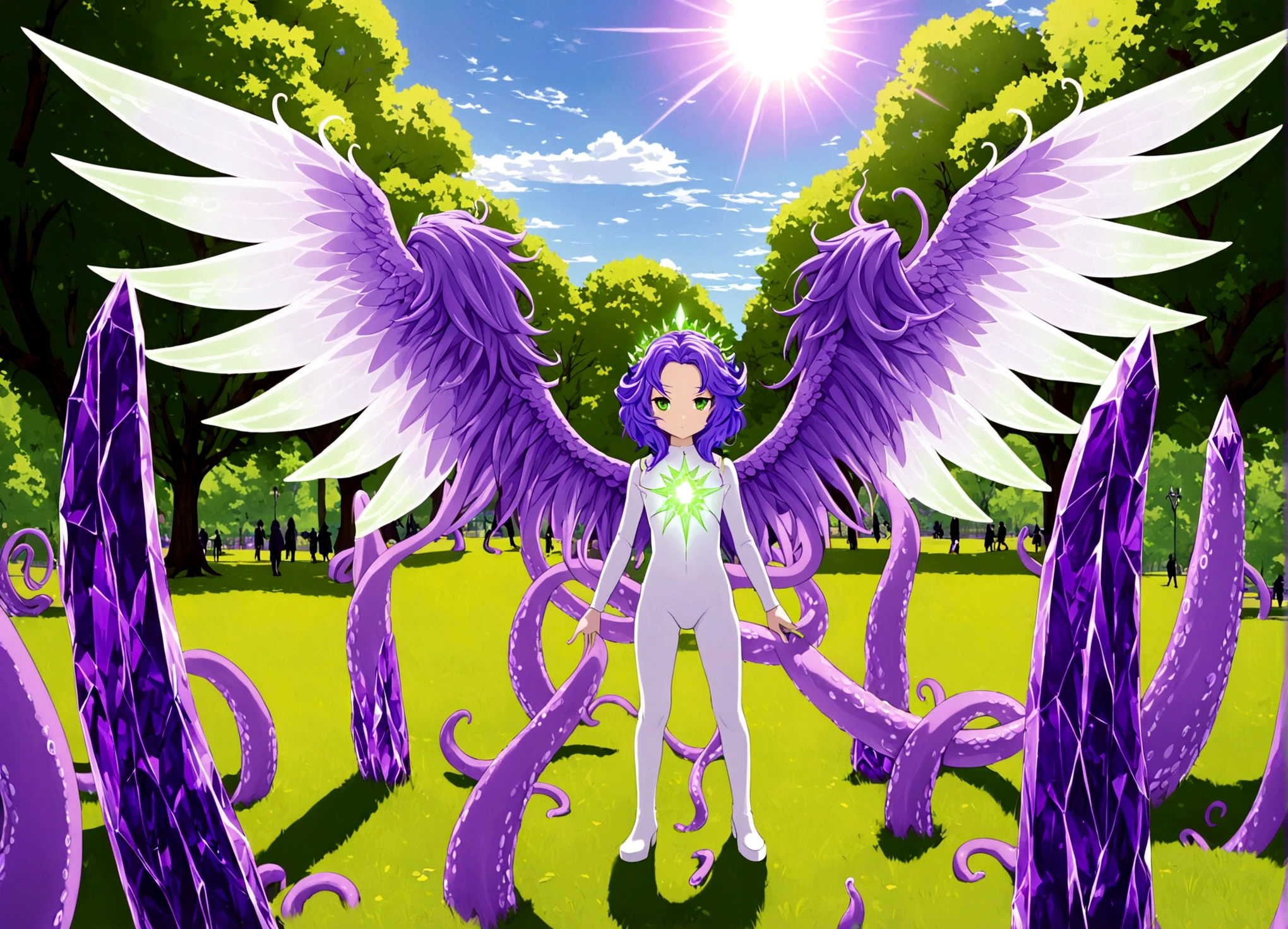 A eldritch angel (central body of a violet lion, 6 pairs of radiant crystal wings, numerous white tentacle eyestalks with neon green eyes) has appeared in a holy corona and approaching the viewer set in a park in daytime
