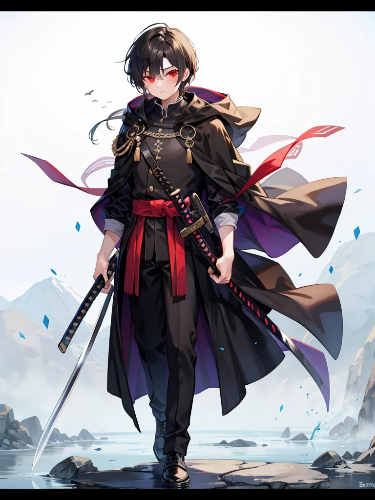 masculine teenage boy, medium length black hair, brown eyes, black cloak, holding sheathed katana