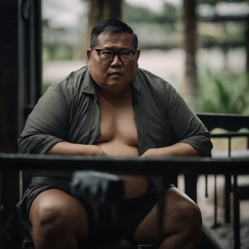 Asian man, Fat, Chubby, 50 year old, wearing glasses, short hair, Shirtless, shirt off, sitting, wet from the rain.