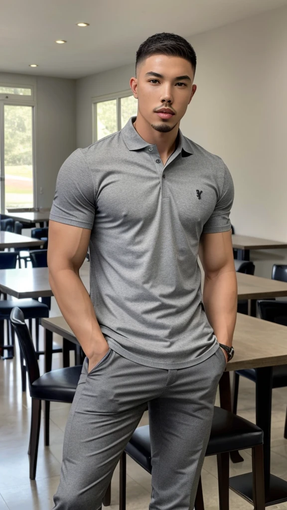 Tony Labrusca, young people, , Grey Polo Shirt, studio, matures,Portrait, man, A serious masterpiece, model  , Wide yard, tables, chairs, restaurant
