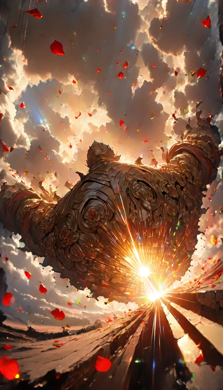 ((Holding an oversized and heavy scepter)), Silver ancient heavy armor, Extra thick helmet,There are small wings on the sides, (((Smooth Mask)), Wrap the whole body, ((Red Cape)), ((Beautiful six-winged battle angel woman)), Handsome face, Full body view, (((Light beam)), (((feather)), ((Thick clouds under your feet)), (((Rose petals fall))), Stereoscopic perspective, masterpiece, Facial details, very good, 16k resolution, high quality, light, High Detail, Dynamic perspective, detailed, Epic Shooting